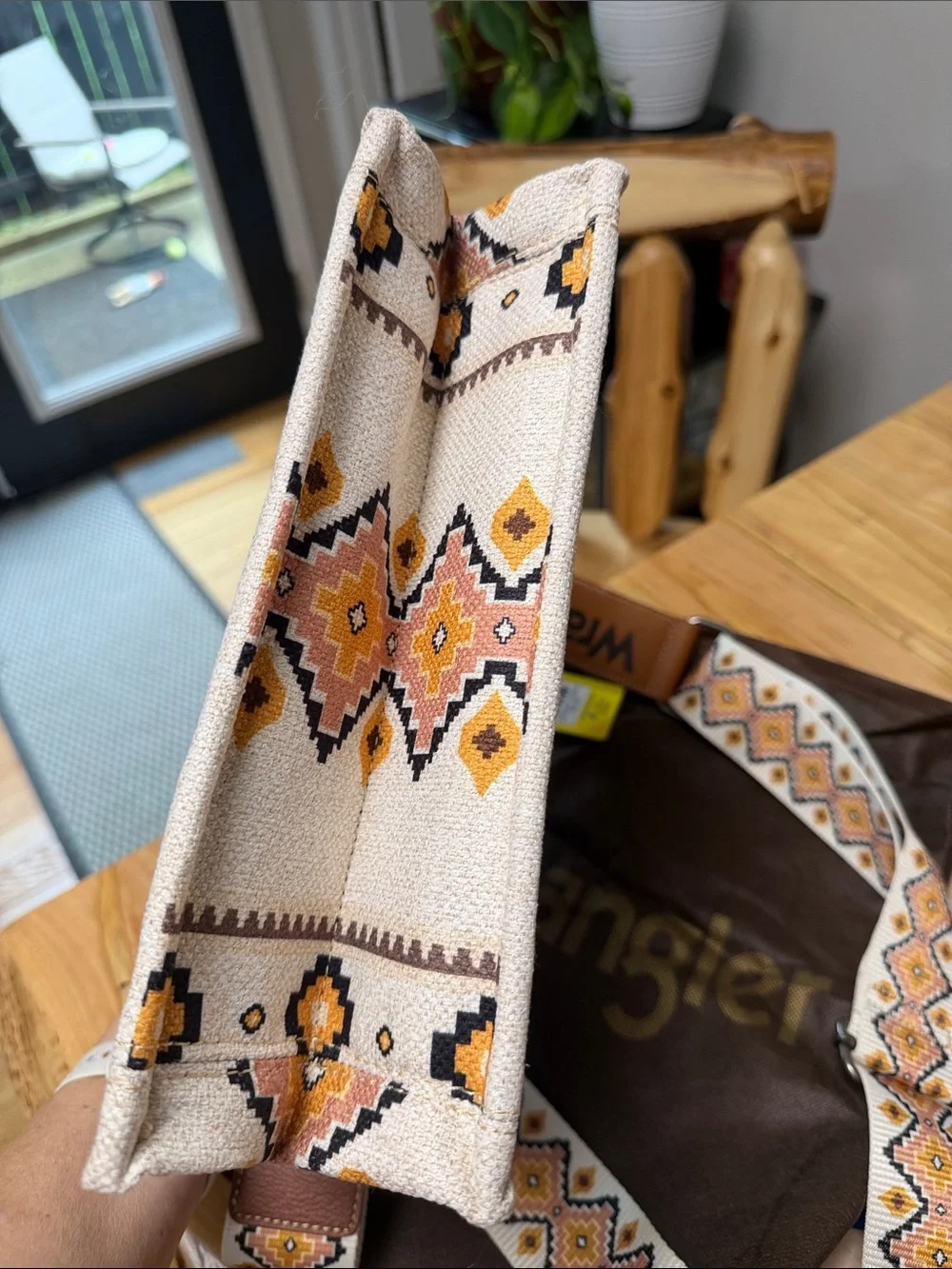 Wrangler Brown, Cream & Yellow Patterned Satchel with Detachable Strap